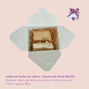 cajita de regalo con jabón de leche de cabra y bolsita de sisal