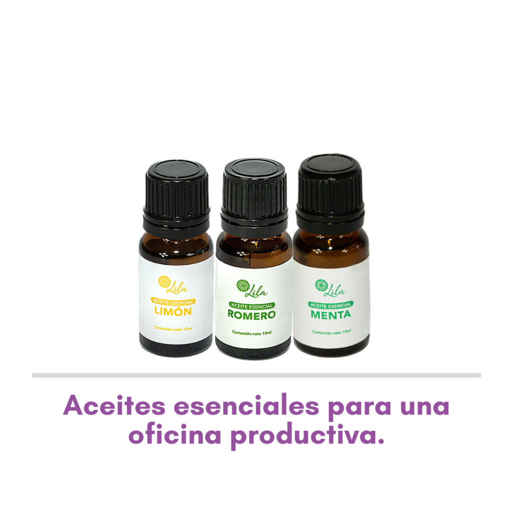 Foto de tres aceites esenciales para una oficina productiva: romero, menta y limón.