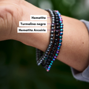 Set de pulseras de protección contra la negatividad con los nombres de cada pulsera: turmalina negra, Hematita y hematita arcoiris