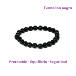 Pulsera de beads de turmalina negra en fondo blanco con sus propiedades: protección, equilibrio y seguridad.